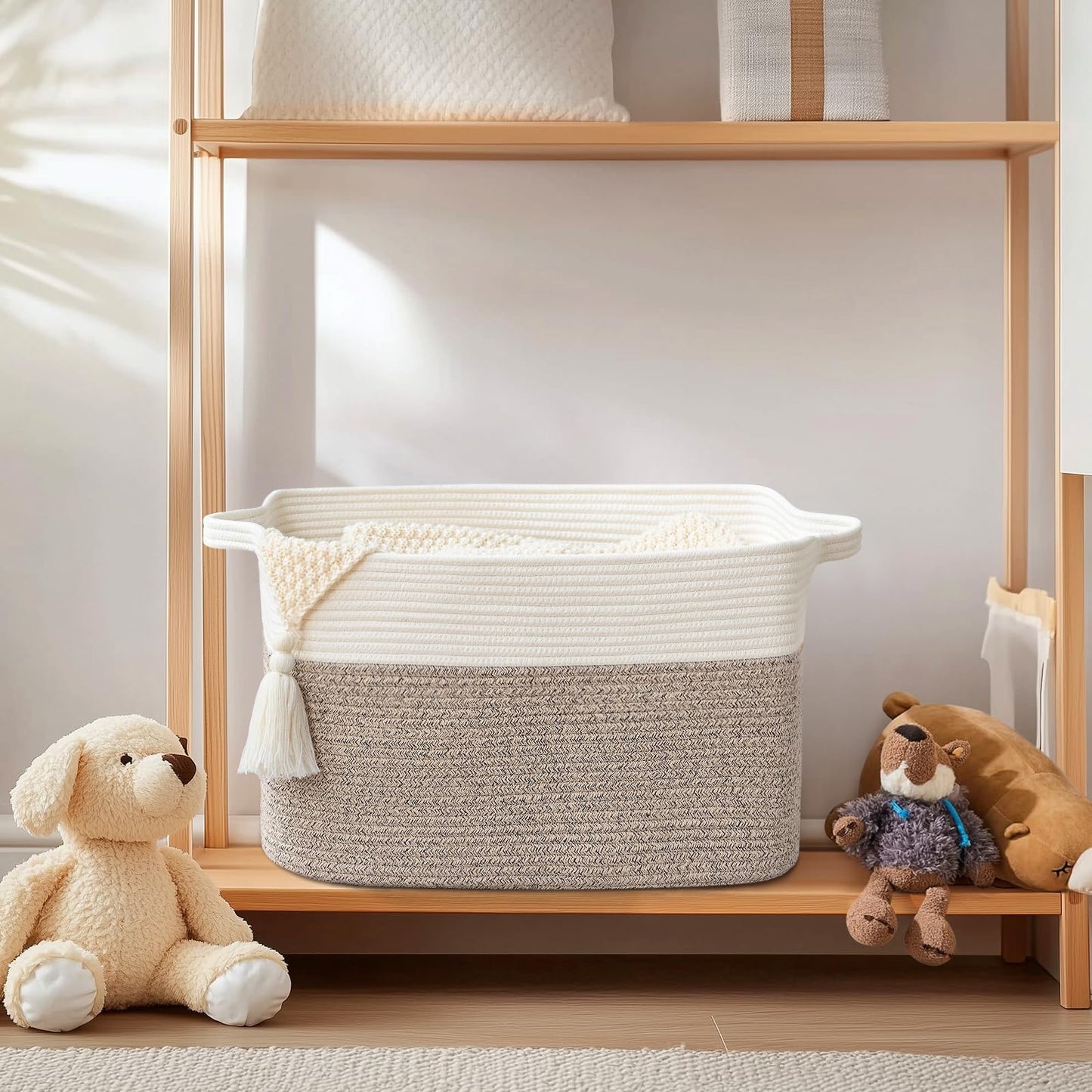Degeyoyo Large Blanket Basket, 60L Storage Baskets for Organizing, Woven Laundry Basket for Blankets, Cotton rope Blanket Storage for Living Room, Nursery Room, 19.7" L x 15.74" W x 11.8" H, Brown