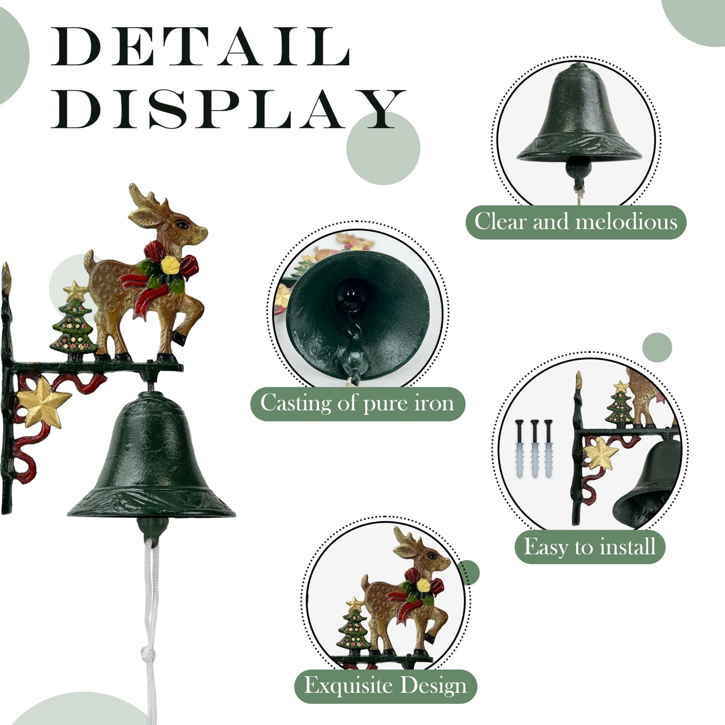 Christmas Bells for Decoration, Linton Arts Cast Iron Dinner Bell Outdoor – Hand-Painted Reindeer Antique Bells, Rustic Christmas Decorations Dinner Bell with Bracket for Porch, Garden, Patio