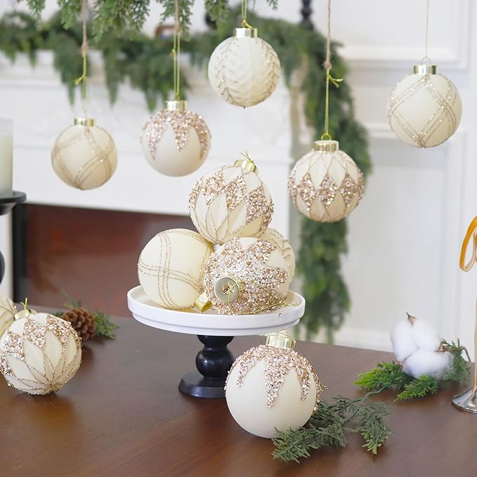 3.15INCH Beige Velvet Ornaments for Christmas Tree, 12PCS Glitter Flocked Christmas Ornaments Decorations Balls Set Decor