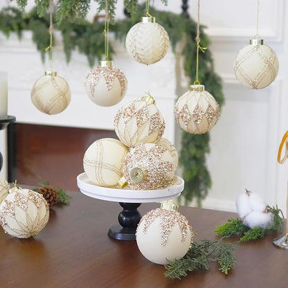 4inch Velvet Ornaments for Christmas Tree, 9PCS Glitter Flocked Christmas Ornaments Decorations Balls Set Decor Beige