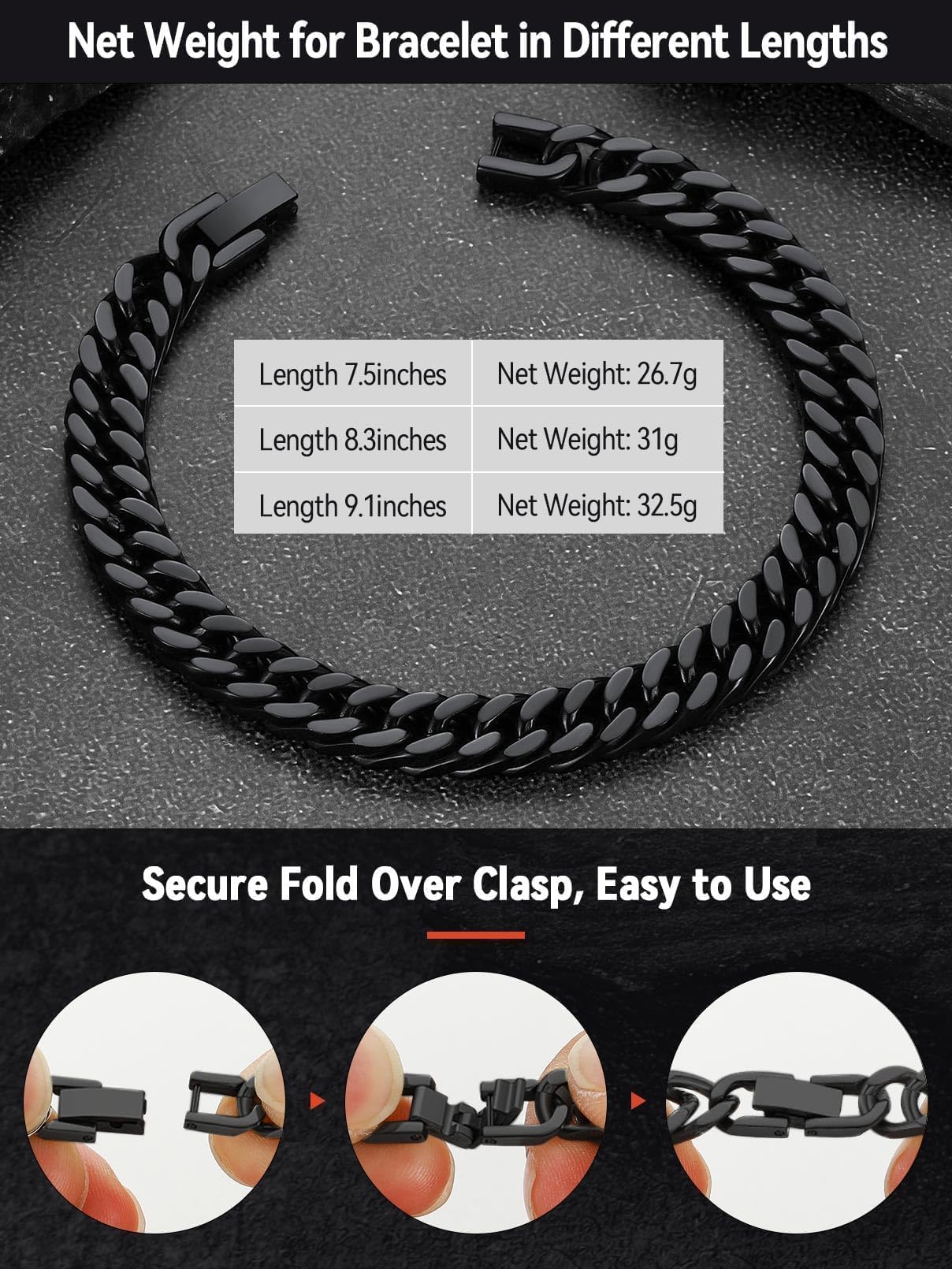 FaithHeart Cuban Link Black Bracelet for Men, 8/12/17mm Width Stainless Steel Wrist Bracelets Men's Hip Hop Jewelry 7.5/8.3/9.1 Inch Length for Valentine's Day/Father's Day/Birthday/Christmas