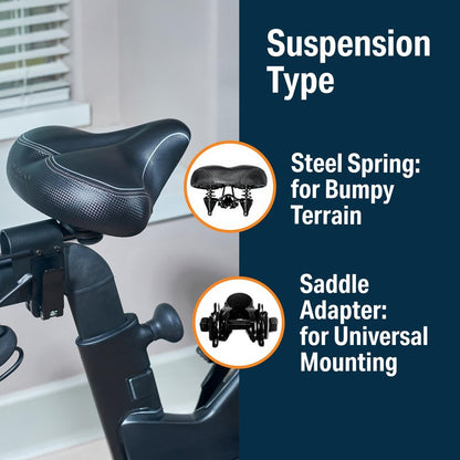 Bikeroo Extra Wide Replacement Saddle - Fits Indoor & Outdoor Bicycles - Steel Spring & Elastomer Suspension - Center Cutout - Memory Foam - Outdoor