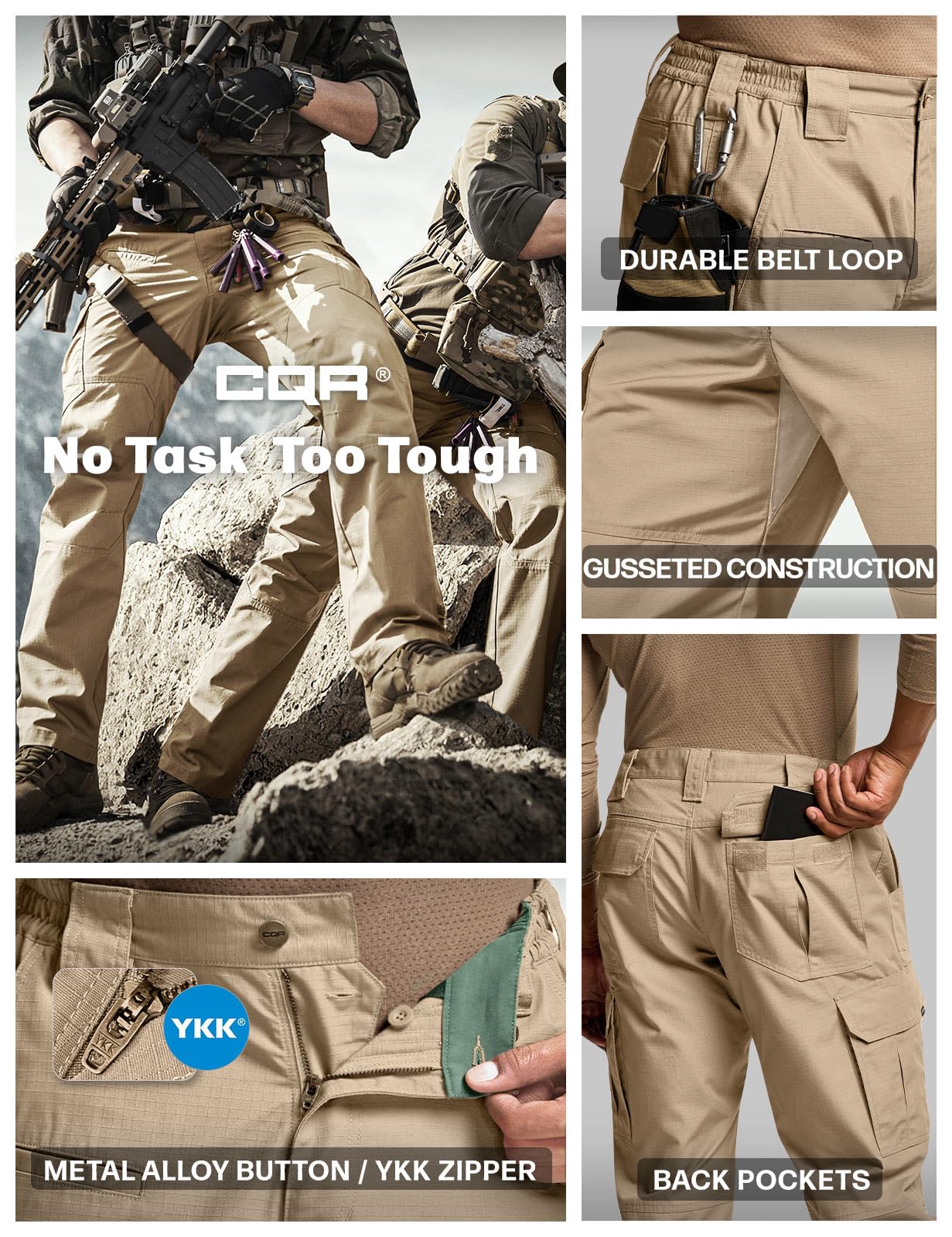 CQR Men's Tactical Pants, Water Resistant Ripstop Cargo Pants, Lightweight EDC Work Hiking Pants, Outdoor Apparel, Raider Khaki, 40W x 30L