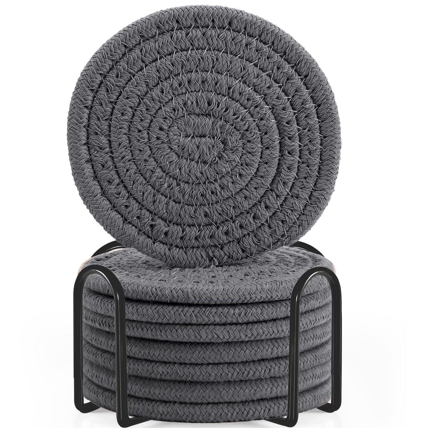 ABenkle 8 Pcs Drink Coasters with Holder, Cotton Woven Absorbent Coasters for Drinks, Minimalist Home Decor Coaster Set for Wooden Tabletop Protection Table, 4.3 inches Grey