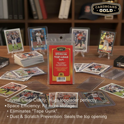 Cardboard Gold Toploader Sleeves - Ultimate Protection Resealable Snug Fit Top Loader Sleeves - Acid Free Archival Safe - Holds Toploaders Securely (140pt-190pt Sleeves, 50 Toploader Sleeves)