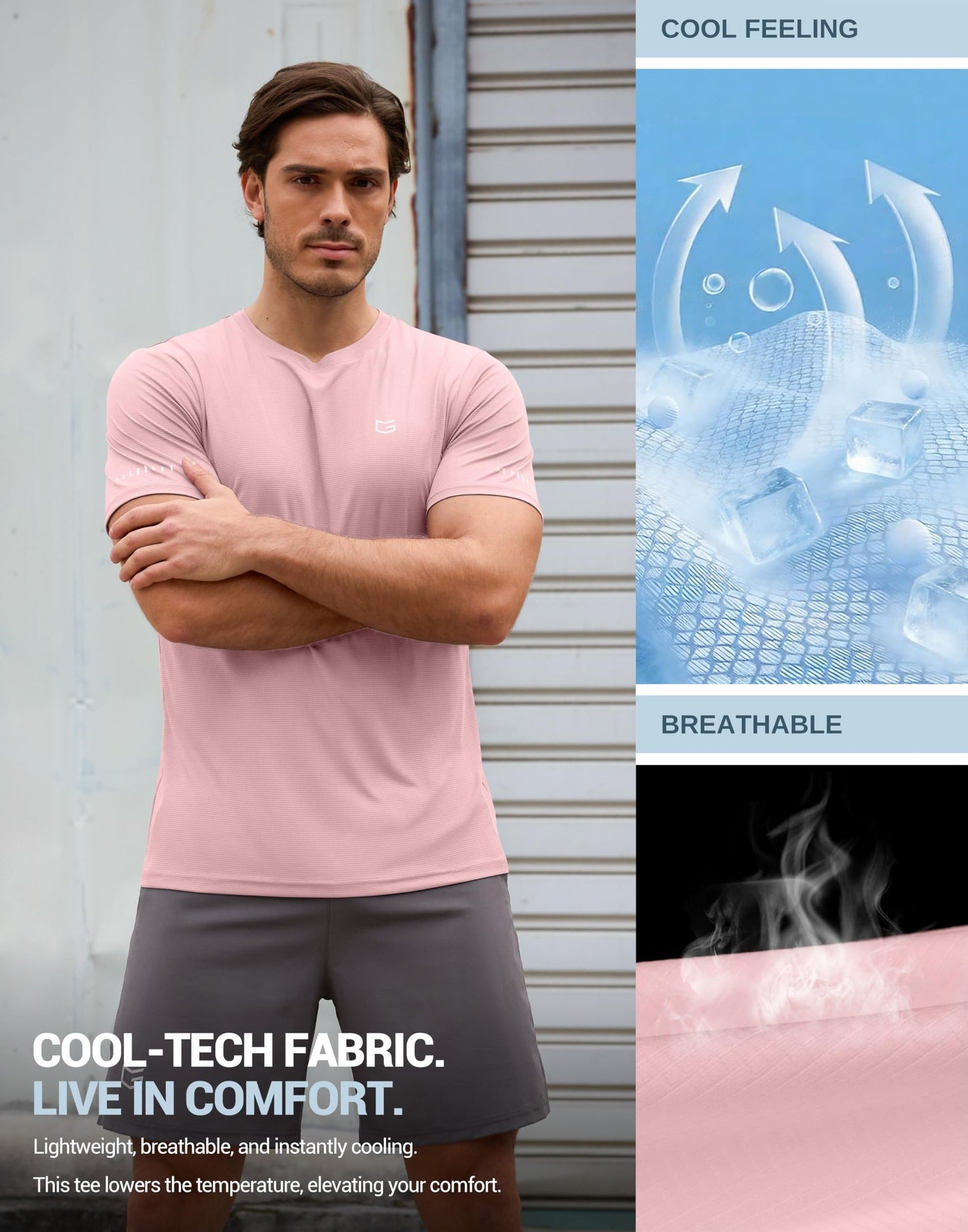 Men's Workout Breathable T-Shirts Dry Fit UPF 50+ Sun Shirts Quick Dry Cooling Tee for Athletic, Running, Hiking (Light Pink, 2XL)