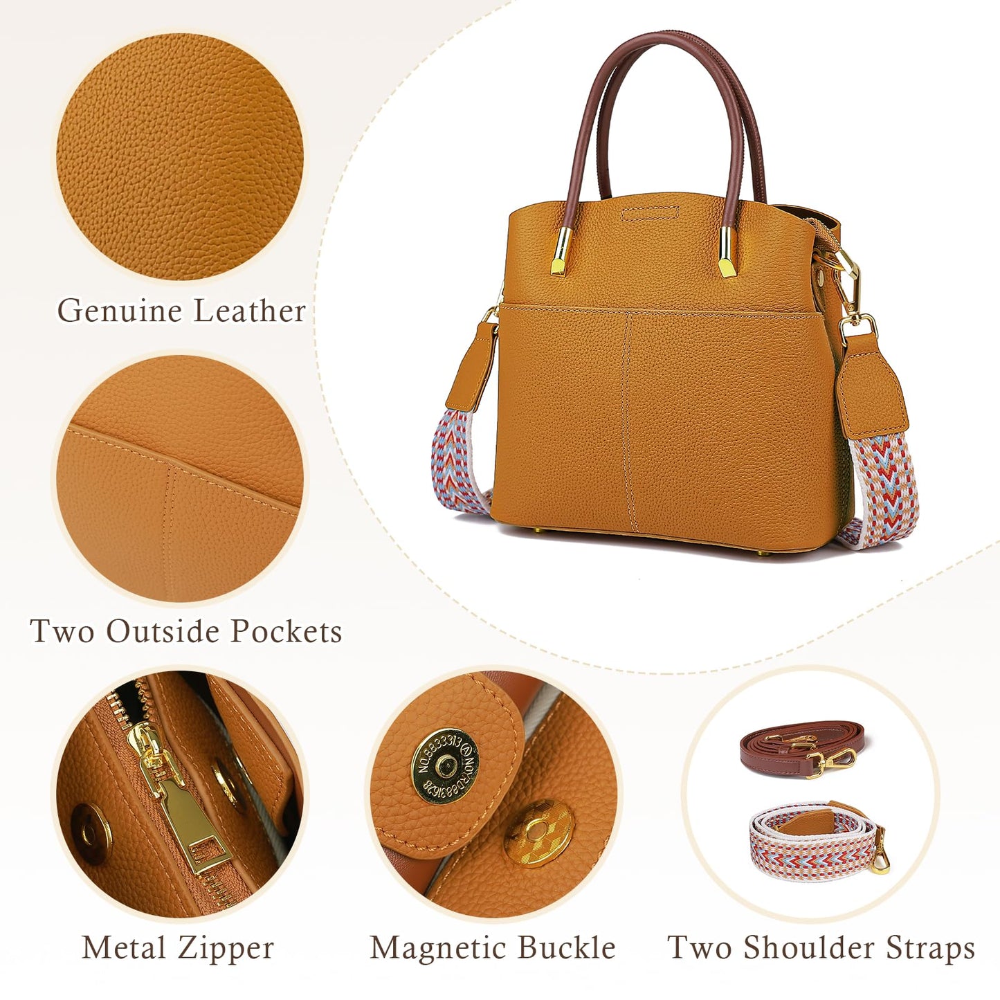MFFOR Genuine Leather Crossbody Purses and Handbags for Women, Tote Shoulder Purse Bucket Handbag, Top Handle Satchel (Orange