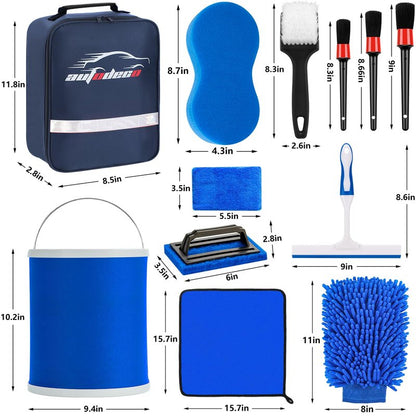 AUTODECO 12Pcs Boat Wash Cleaning Kit with Collapsible Bucket Wash Sponge Mitt Microfiber Towel Squeegee Scrub Pads Brushes Complete Interior Exterior Cleaning Set for Boat