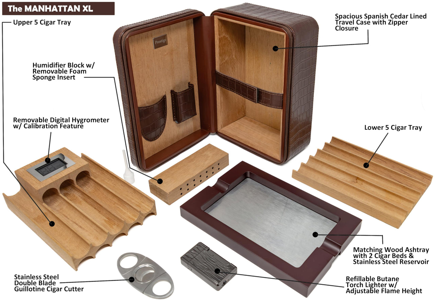 Prestige Import Group Manhattan XL Travel Cigar Humidor Case Set (Hygrometer, Ashtray, Cutter, Lighter, Humidifier) - Brown