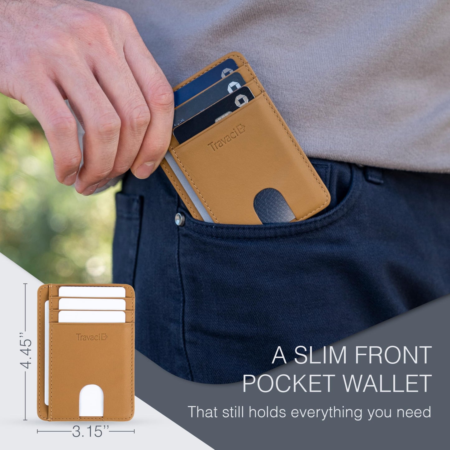 Travaci Full Grain Leather Slim Wallet for Men and Women - Small Minimalist Wallet and Leather Card Holder - Thin Front Pocket Credit Card Holder - Camel