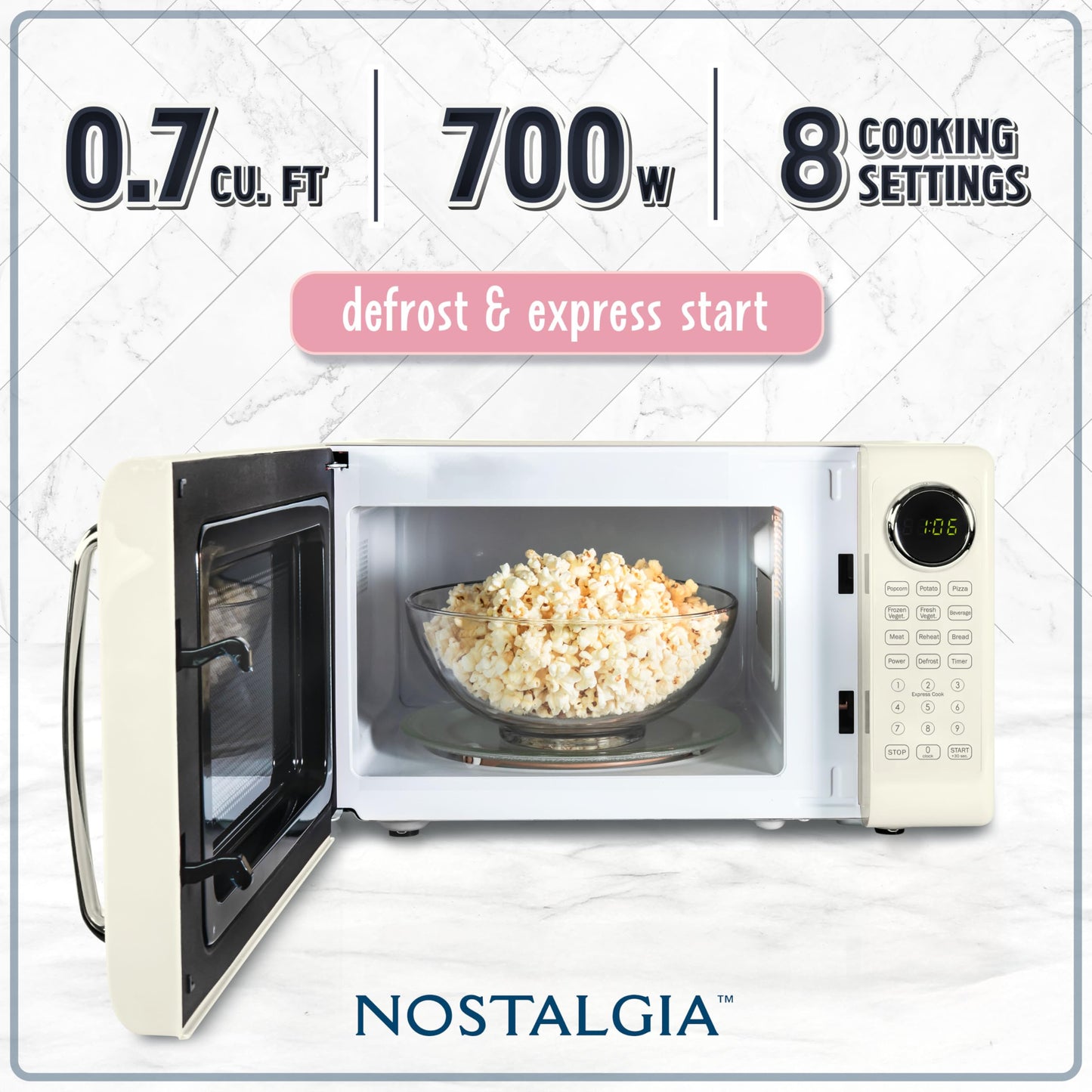 Nostalgia Retro Microwave Oven - 0.7 Cu Ft, 700-Watt Countertop Size with Glass Turntable, Child Safety Lock, 8 Auto-Cook Programs, Digital Clock - Aqua