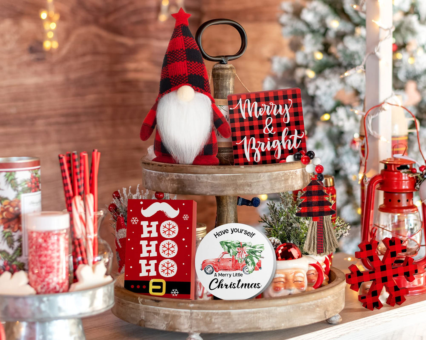 Christmas Tiered Tray Decor 6 PCS Xmas Decorations for Home - Xmas Table Decor Wooden Signs & Buffalo Plaid Gnome Plush Set - Farmhouse Christmas Tray Decoration Kitchen Table Mantel
