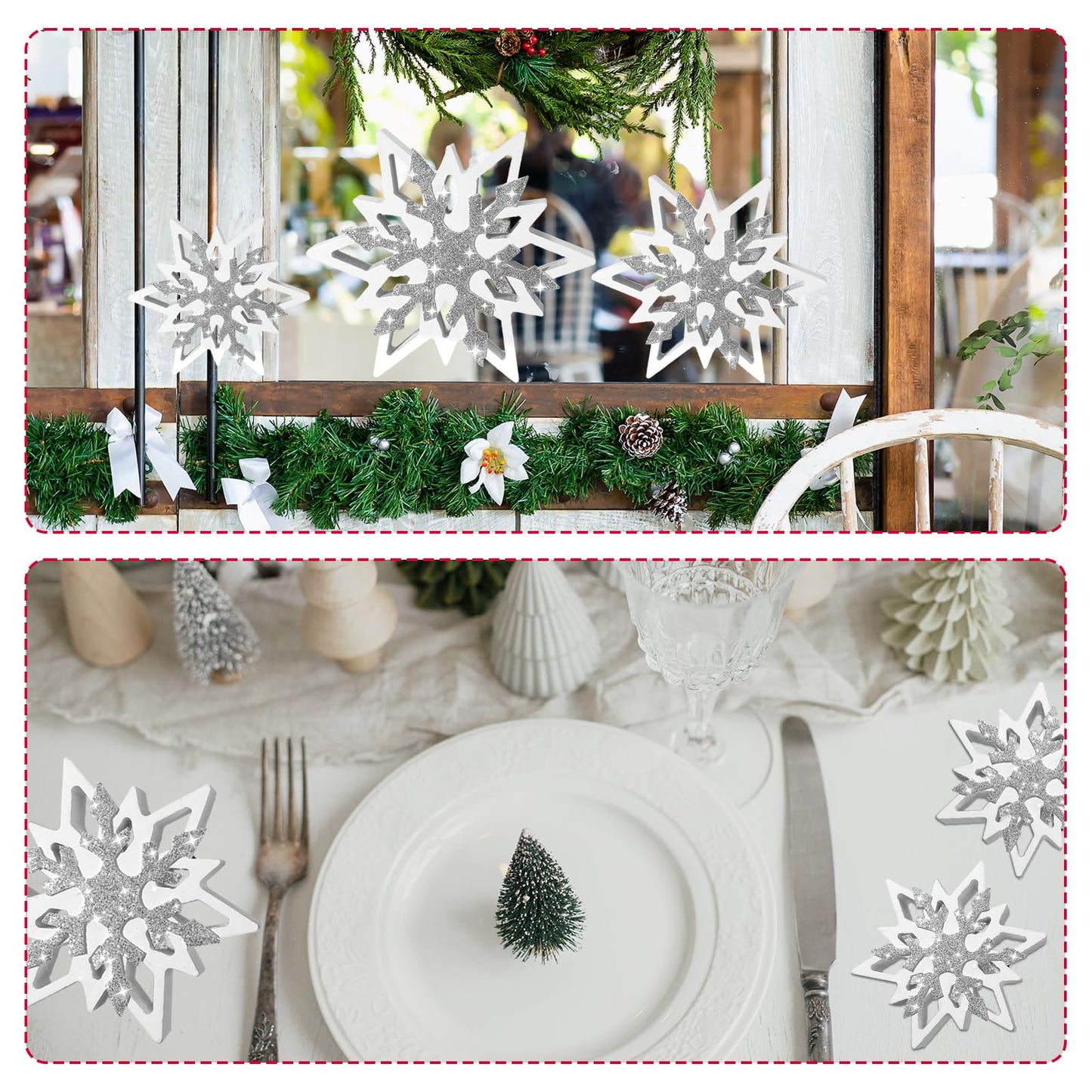 Suzile 5 Pcs Large Christmas Thick Wooden Snowflake Decorations Winter Glitter Snowflake Wood Ornaments Farmhouse Centerpieces Table Signs for Xmas Home Office Table Mantel Fireplace Shelf