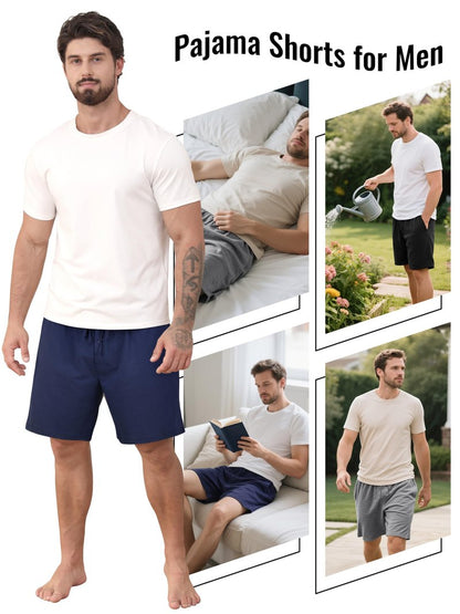 IHU 3 Pack Men's Cotton Pajama Shorts - Soft Sleepwear & Lounge Bottoms with Drawstring & Pockets Sleep Shorts for Men L Black, Navy, Gray
