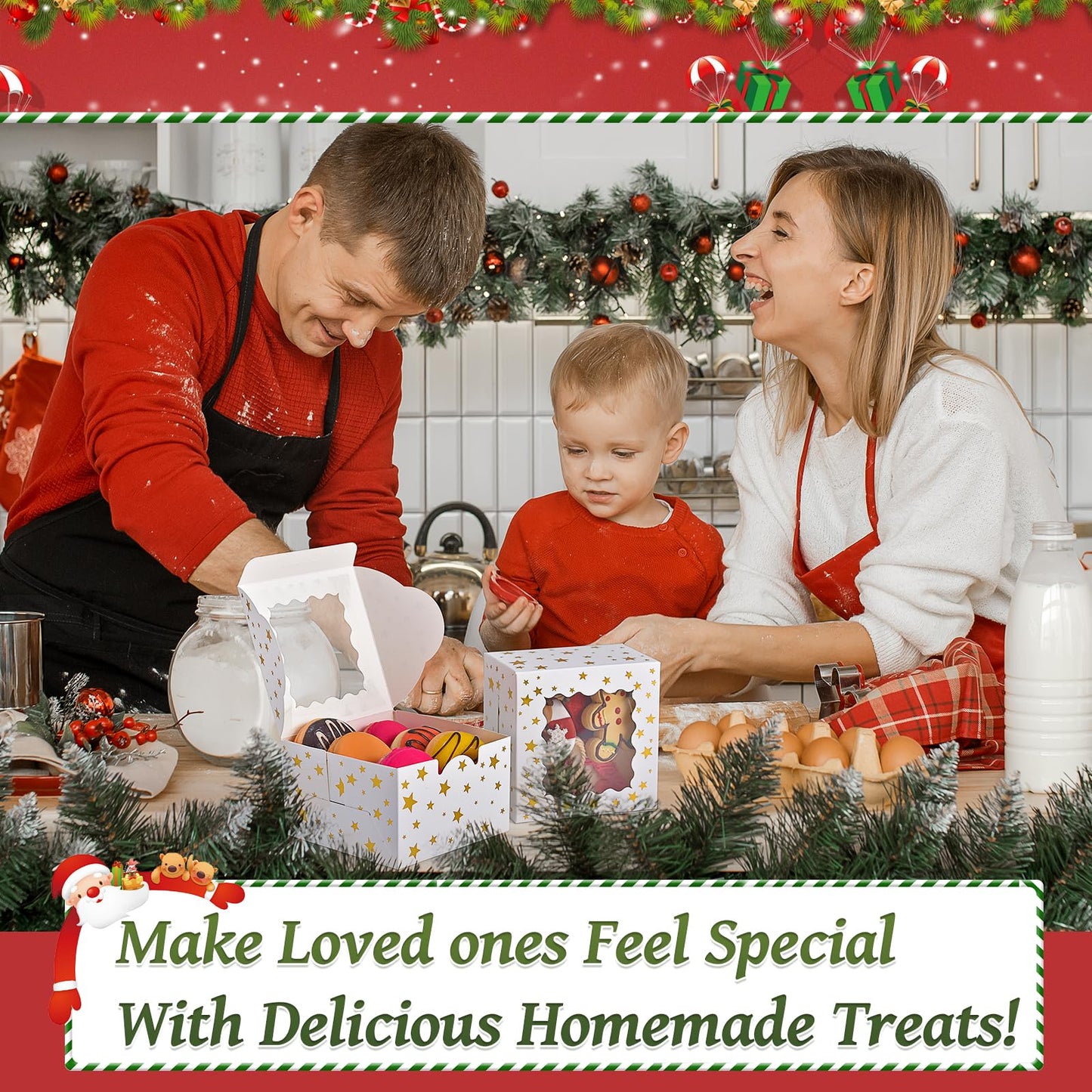 DOYIDE 32Pcs 4x4x2.5 in Christmas Cookie Boxes with Window, White Bakery Boxes for Cookie, Treat Boxes Pastry Boxes for Gift Giving, Chocolate Covered Strawberries, Dessert, Donut, Cupcakes Muffins