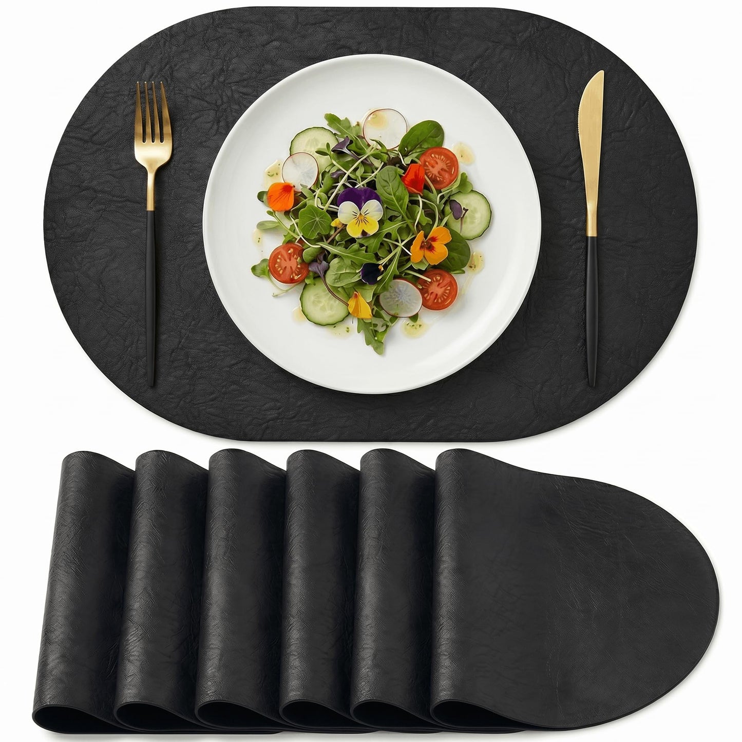 Artoid Mode Black Faux Leather Oval Placemats Set of 6, 12 x 18 Inch Waterproof Wipeable Heat Resistant Vinyl Place Mats, Reversible Table Mats for Kitchen Dining Decor