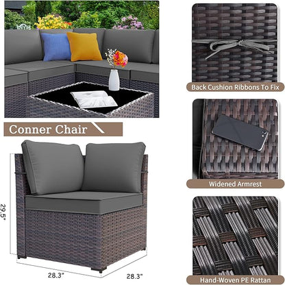Kurapika 13 Pieces Patio Furniture Set, Rattan Wicker Outdoor Conversation Sets w/43in Propane Fire Pit Table(Grey)