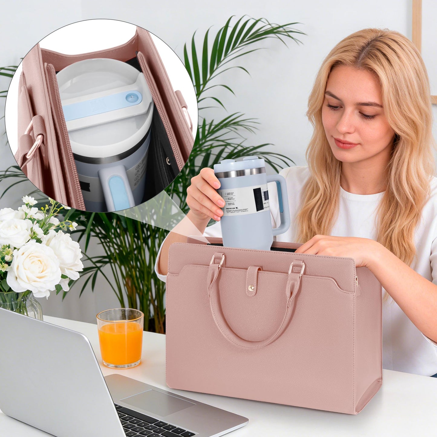 GMAK Laptop Tote Bag for Women, 15.6 Inch Leather Computer Bags Lightweight Business Office Work Briefcase Large Capacity Waterproof Handbag for Daily Commute Travel Work, Pink
