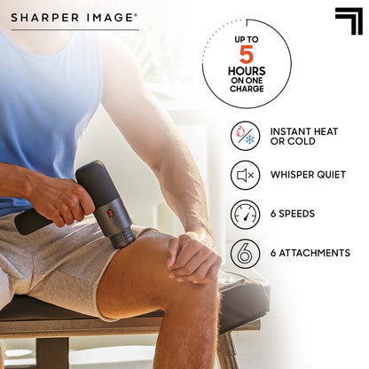 Sharper Image® Powerboost® Pro+ Hot & Cold Deep Tissue Massage Gun - 6 Speeds, 6 Attachments, 5-Hour Battery, Travel Case, Charging Base, Shoulder & Back Massager, Pain Relief Tool, FSA Eligible