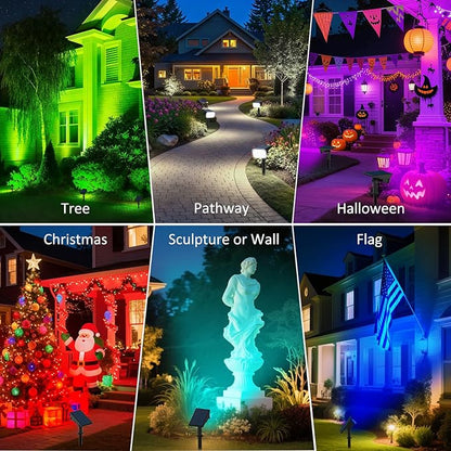 T-SUNUS Christmas Solar Color Landscape Spotlights Outdoor, IP65 Waterproof RGB Spot Light 2 Pack Auto Dusk to Dawn Landscaping Wall Lights for Tree Yard Garden Driveway Porch Walkway Pond Halloween