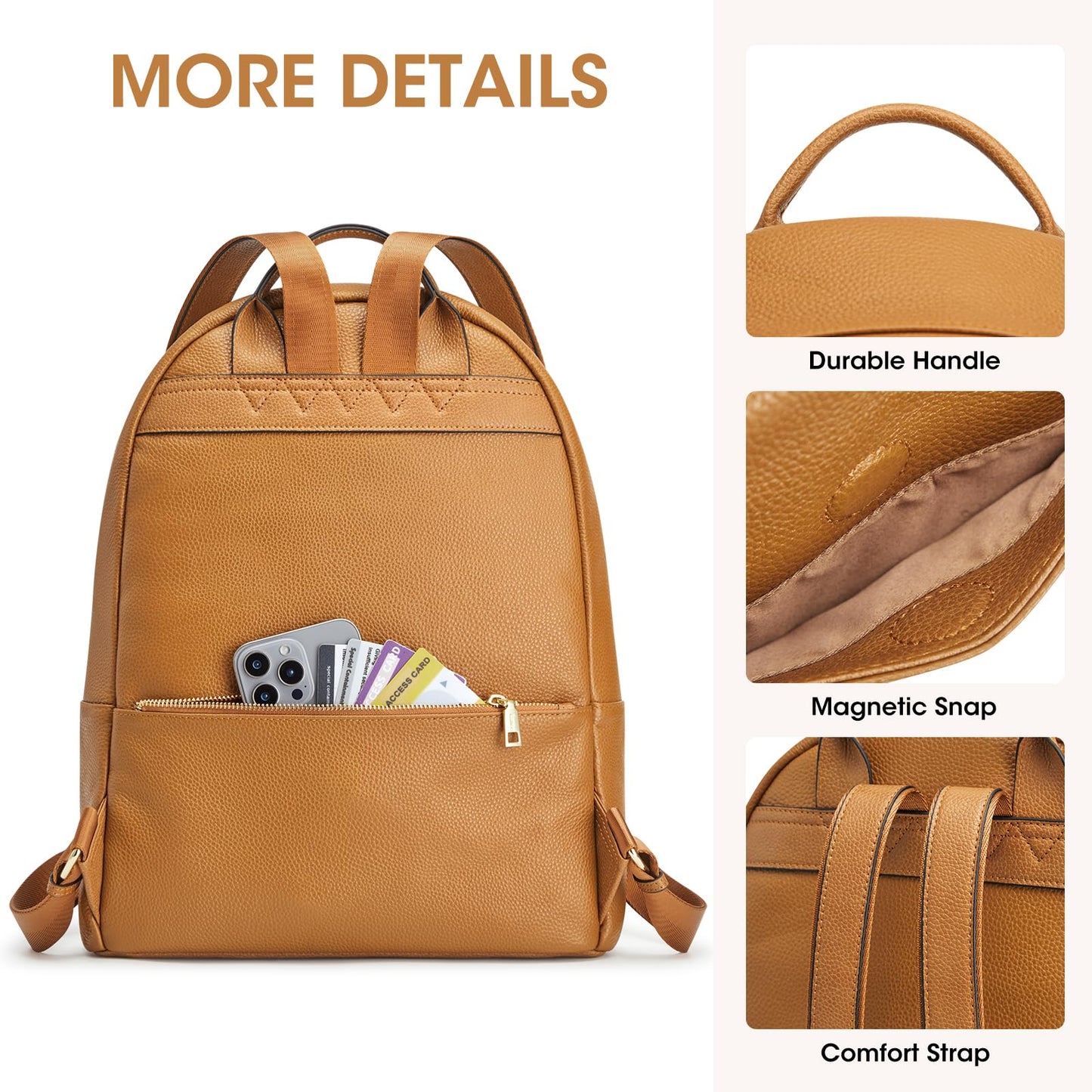 Kattee Leather Backpacks for Women,Fashion Multi-fuction Bag with Card Zipper Bag Attached at the Back for Travel Work Shopping and School, Brown