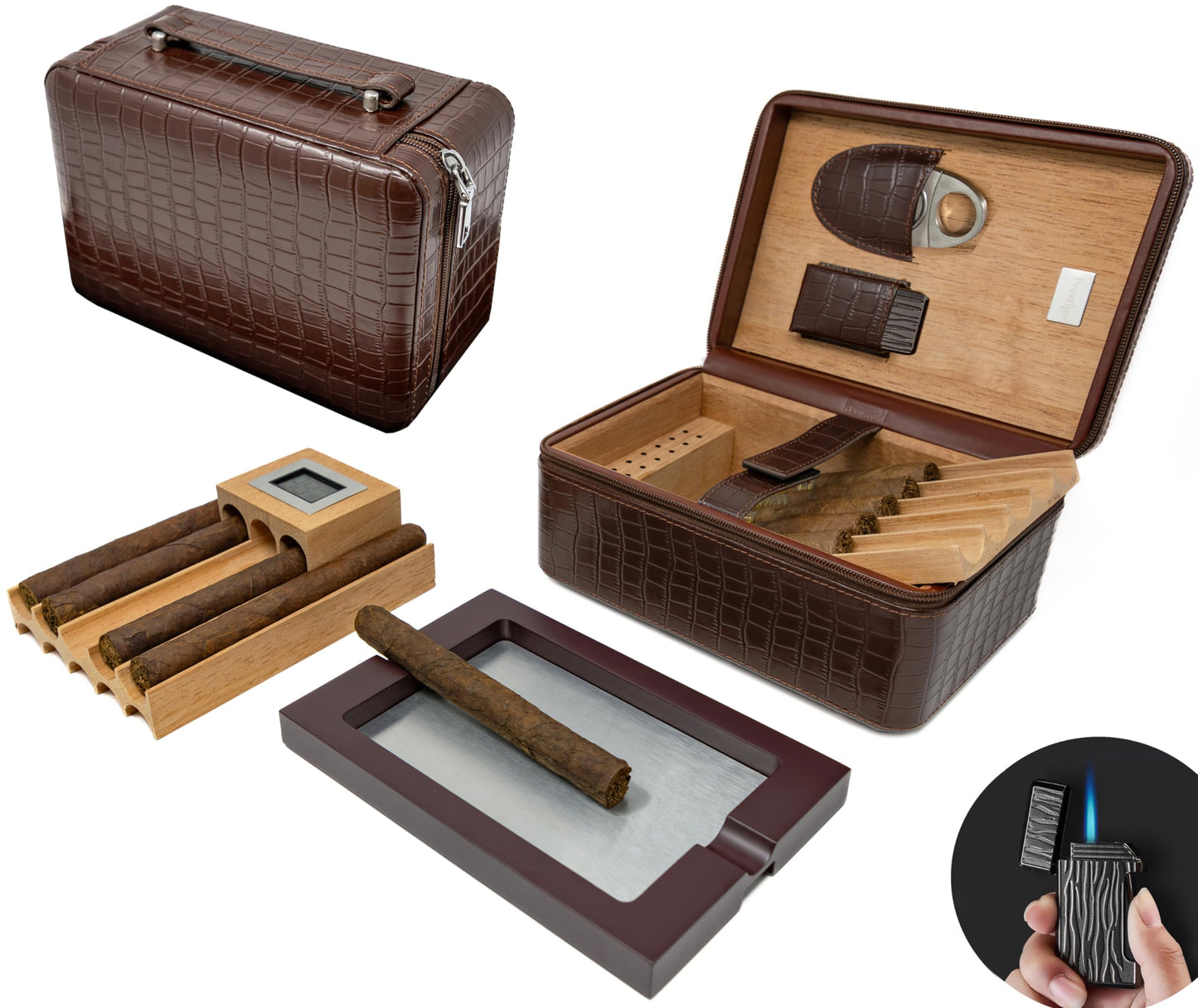 Prestige Import Group Manhattan XL Travel Cigar Humidor Case Set (Hygrometer, Ashtray, Cutter, Lighter, Humidifier) - Brown