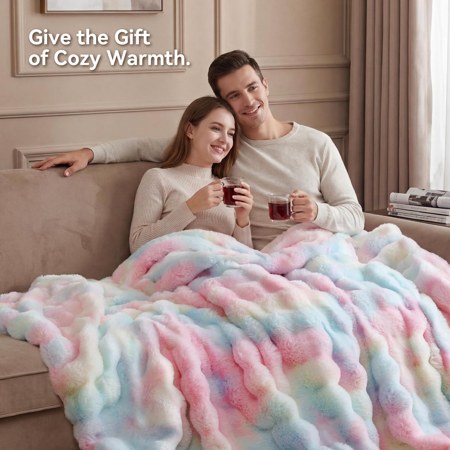 Smoofy Faux Fur Throw Blanket for Couch - Rainbow Super Soft Cozy Bubble Blanket, Fluffy Plush Fuzzy Throw for Sofa & Bed, Thick Lightweight Warm Blanket, Luxury Aesthetic Gift for Women 50"x60"