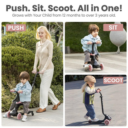 QPlay Toddler Scooter Ages 1 to 6 | Up to 110 Lbs | Kick Scooter with Adjustable Push Handle Height, Lights on Deck & 3 Wheels, Kids Ages 2 to 5 Boys & Girls Gifts (Violet) (Green)