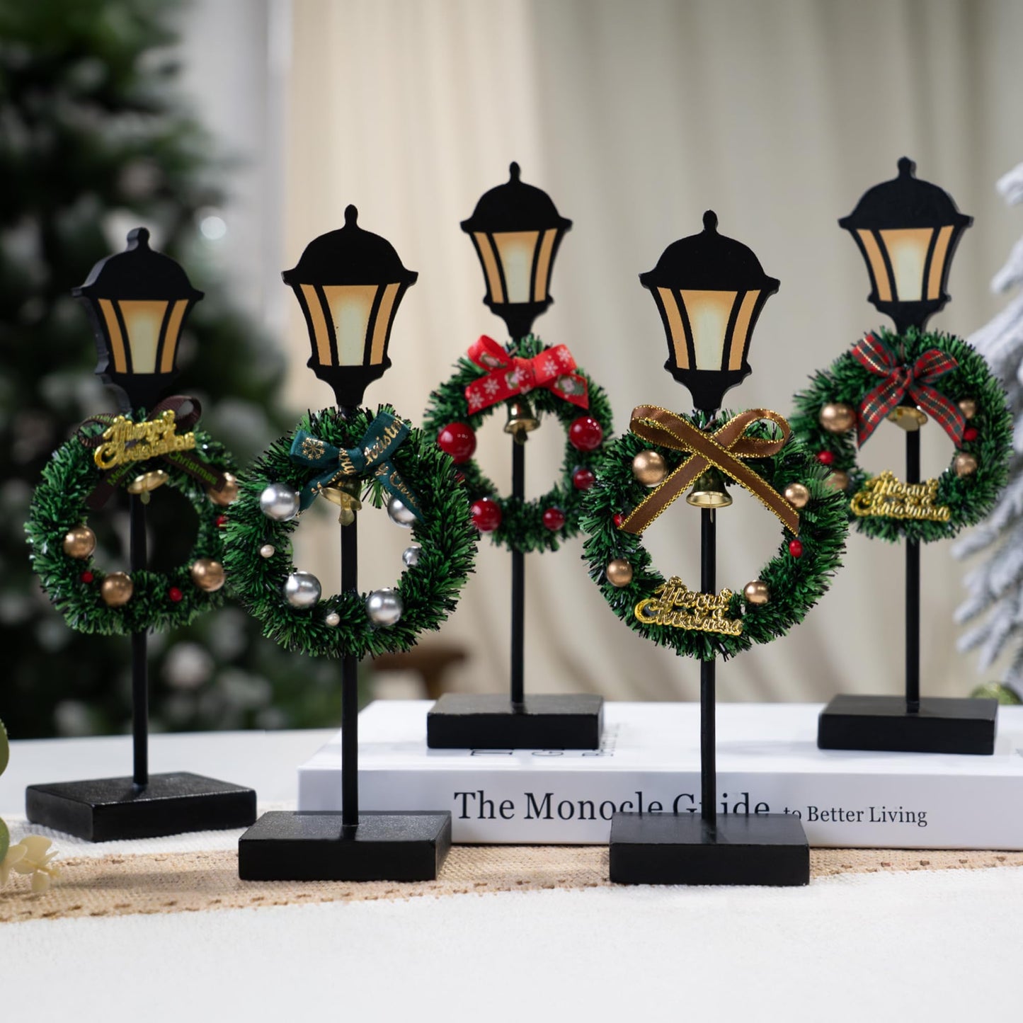 NEROSUN Christmas Table Decorations, 6Pcs Wreath and Lantern Standing Wooden Tabletop Decorations Signs, Merry Christmas Table Toppers for Xmas Home Winter Holiday Party Indoor Decor