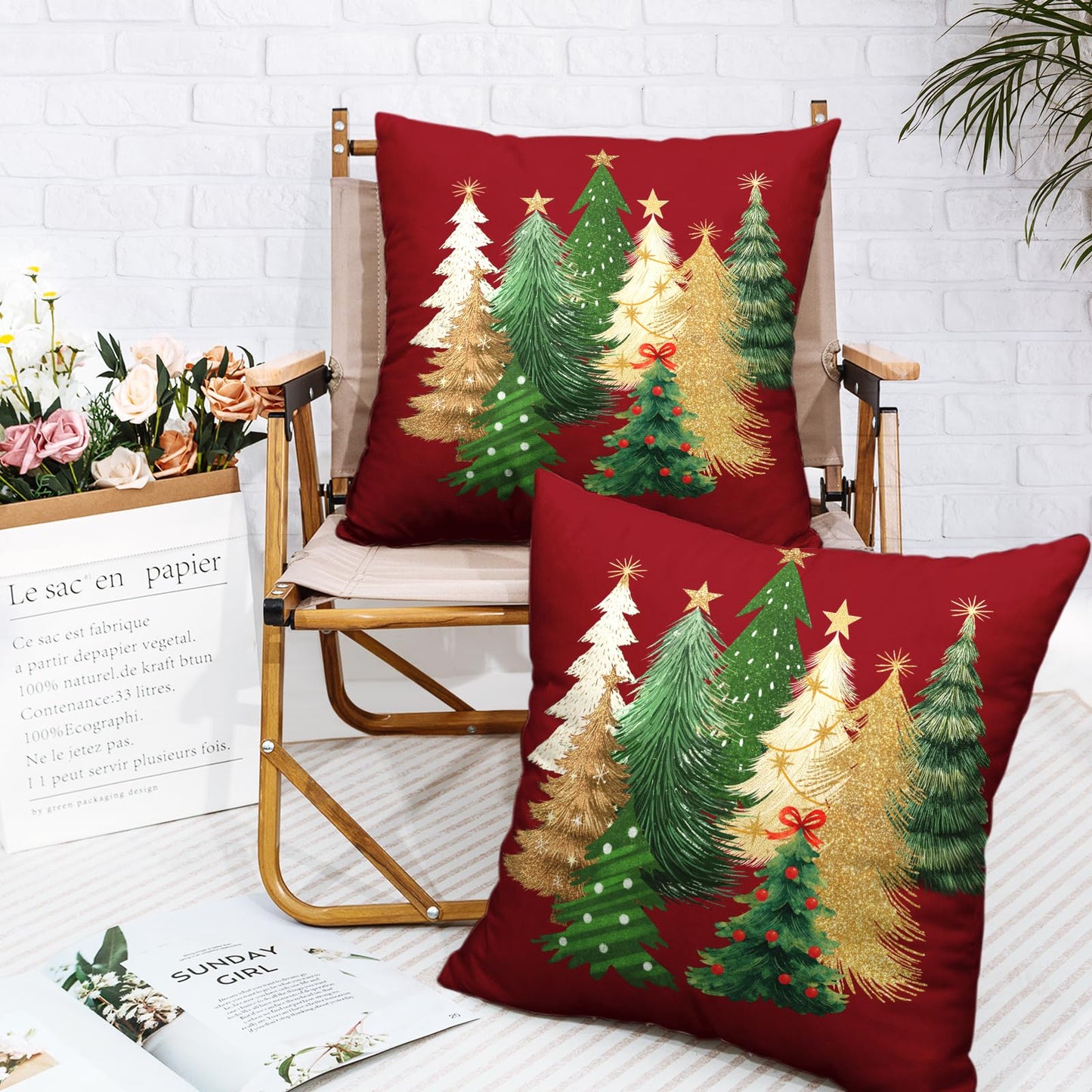 Kwlegh Red Christmas Pillow Covers 18x18 Set of 2 Gold Green Xmas Tree Pillow Case Winter Holiday Throw Pillow Covers Double Sided Printing Decorative Cushion Case for Couch Sofa