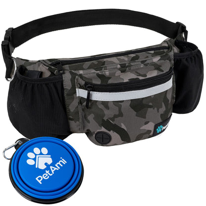 PetAmi Dog Fanny Pack, Treat Pouch for Dog Walking, Training, Built in Poop Bag Dispenser, Water Bottle Holder, Collapsible Bowl, Pet Treat Waist Belt for Hiking, Running, Kibbles (Camo Black)