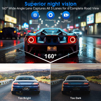 Yonvim Dash Cam Front and Rear 2.5K + 1080P QHD Dual Dash Camera for Cars 3.39” IPS Dashcam, Night Vision, G-Sensor Loop Recording, 64GB Card Included, 160° Wide Angle, 24H Parking Mode