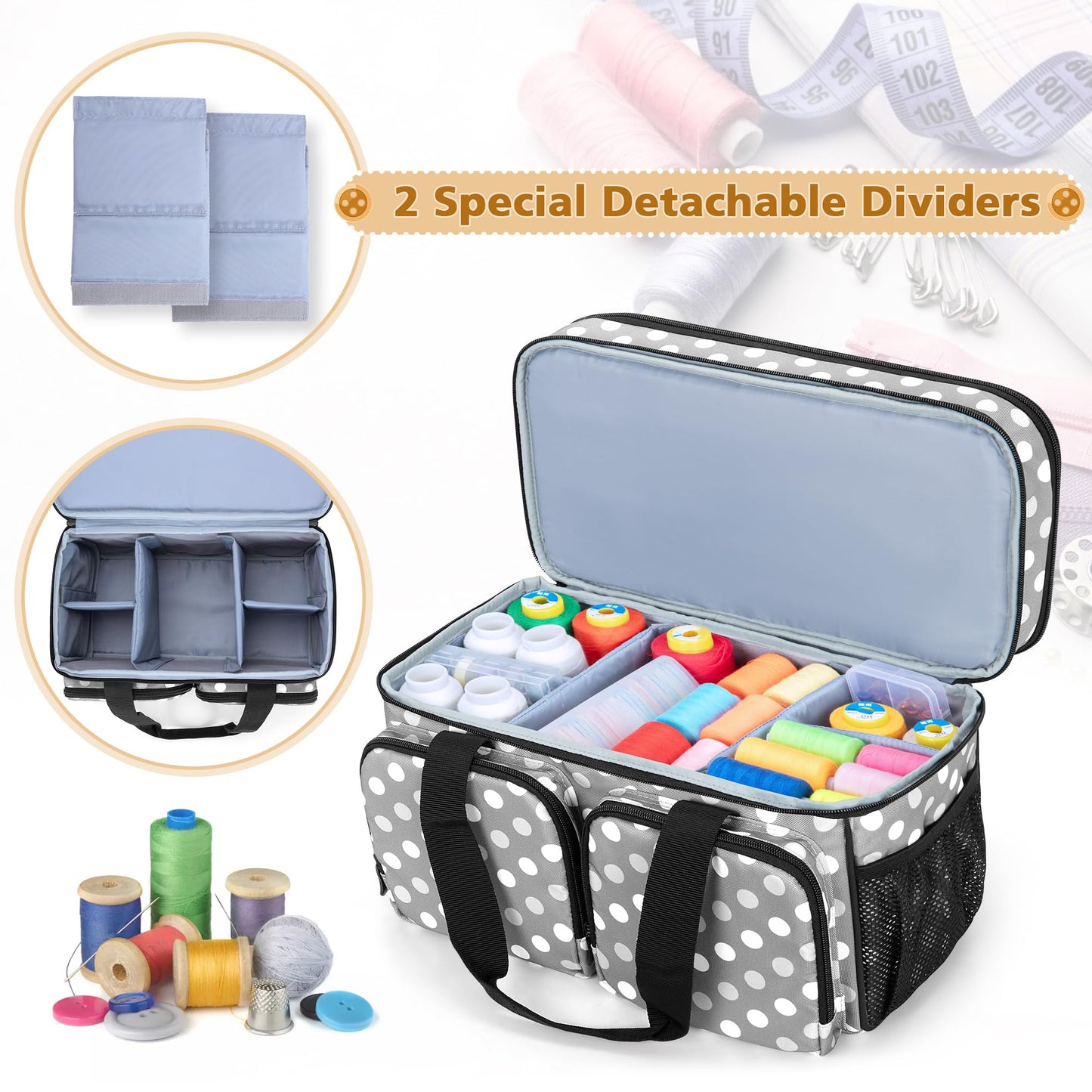 BAFASO Large Sewing Organizer Bag with an Individual Pouch and Detachable Dividers, 2 Layers Sewing Storage Bag for Sewing Supplies(Bag Only), Polka Dots