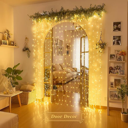JMEXSUSS 200 LED Curtain Lights Battery Operated & USB Plug in, 8 Modes Warm White Christmas Curtain String Lights for Backdrop Bedroom Classroom Wedding Party Decorations
