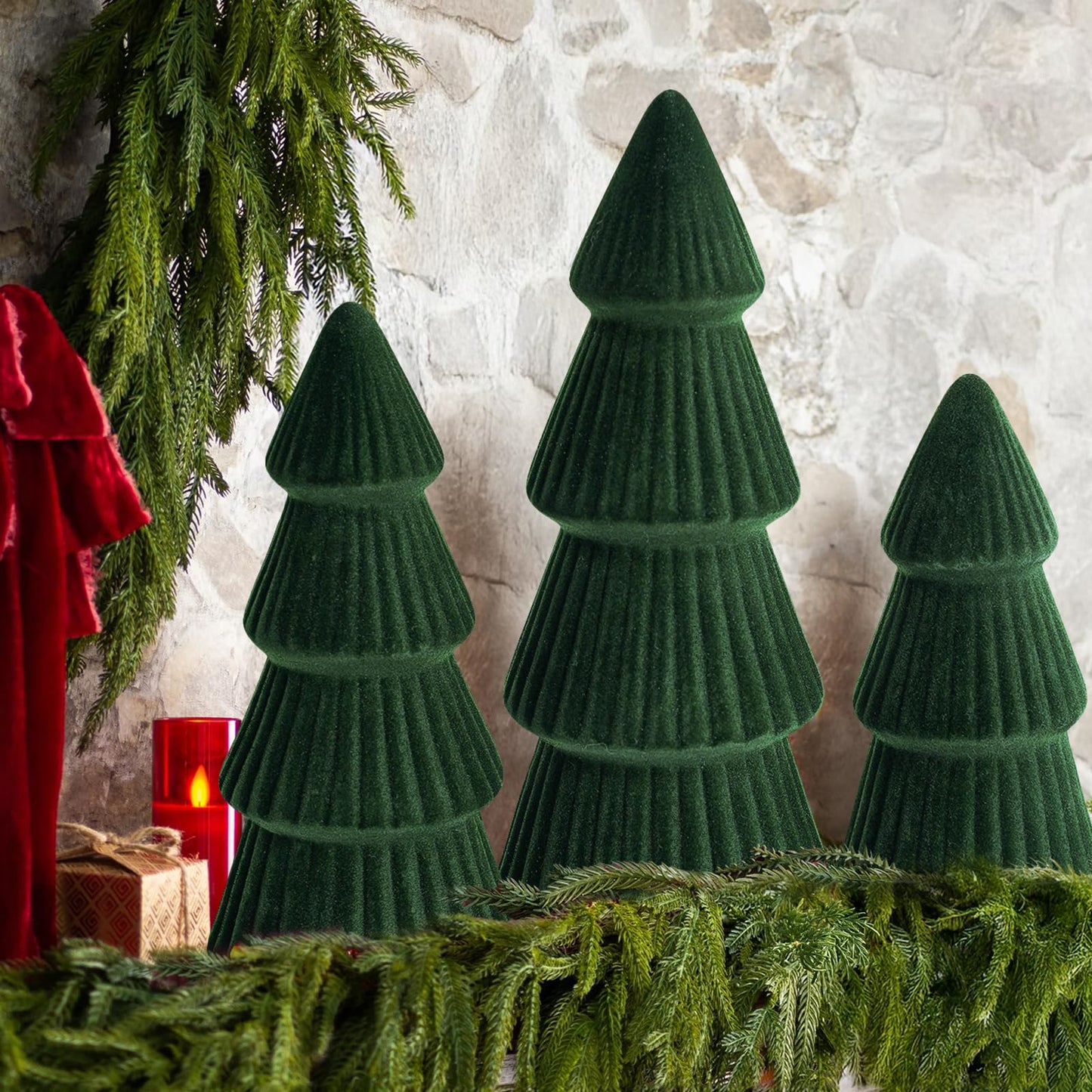 Christmas Decorations - Set of 3 Velvet Ceramic Christmas Trees - Modern Cone Indoor Christmas Decoration Centerpieces for Table Mantel and Living Room Home Decor (Green)