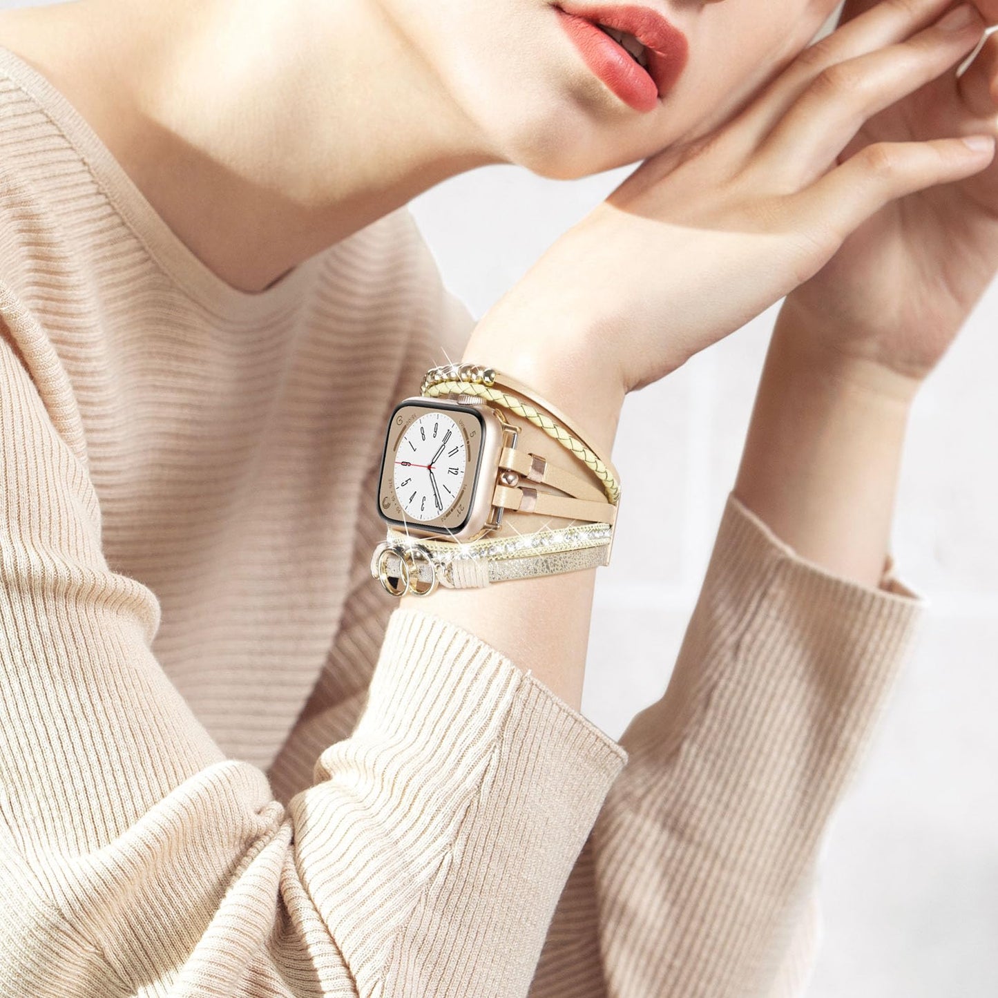 MOFREE Boho Leather Bracelet Compatible with Apple Watch Band 38mm 40mm 41mm Women, Handmade Multilayer Wrap Beaded Jewelry Apple Watch Strap for iWatch Series 10 9 8 7 6 5 4 3 2 1 Rose Gold