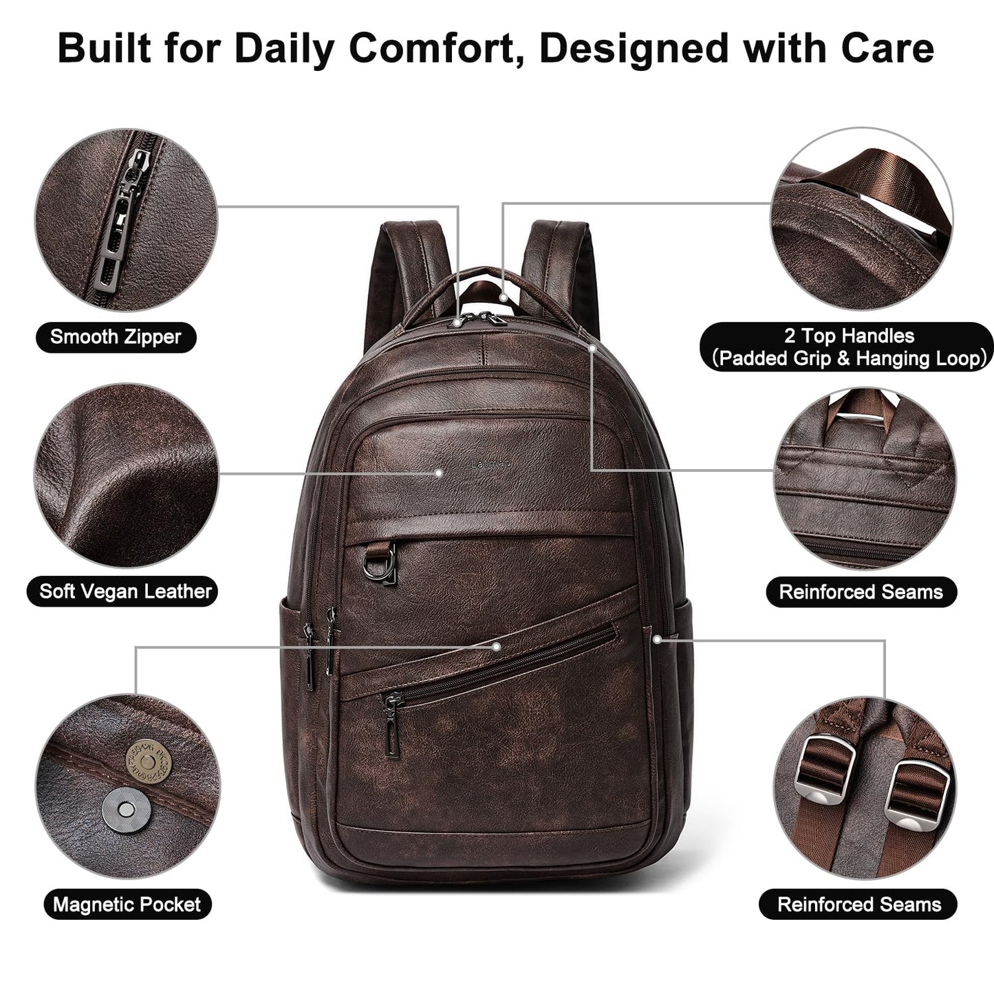 LATMAP 43L Backpack for Women Men - Vegan Leather Backpack Purse Travel Carry-on Bag College Bookbag Work fits 17" Laptop, Coffee