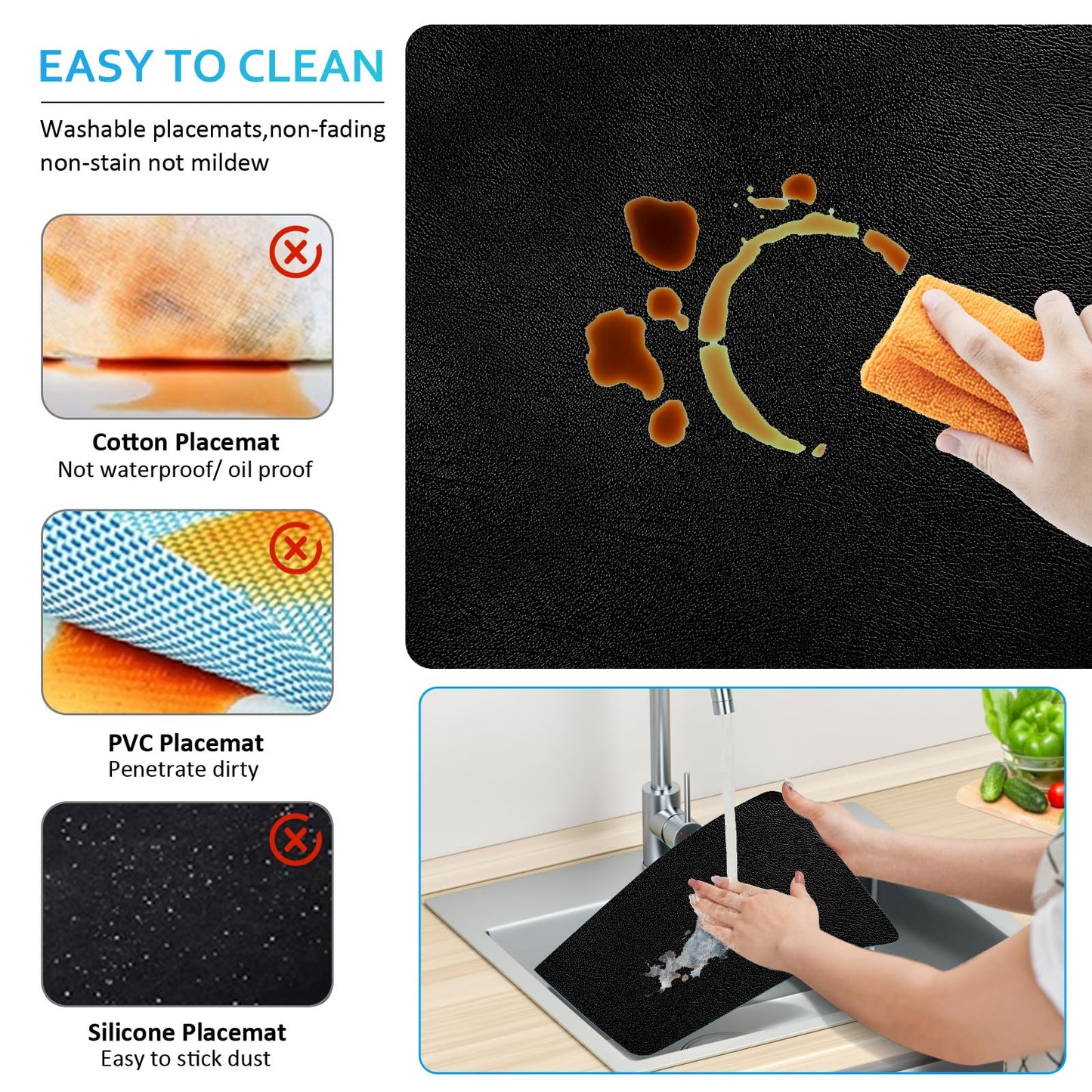 Keaixinyu Placemats and Coasters Set of 6, Waterproof、Oil-Proof Wipeable、Anti Slip PVC Leather Place Mats, Heat Resistant Reversible Table Mats for Kitchen, Dining, Outdoor 17’’×12’’, (Black)