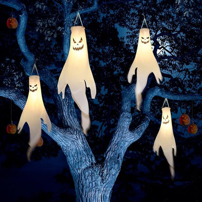 Halloween-Decorations-Outdoor Hanging-Ghost Windsocks for Trees with Timer, LED Ghosts to Hang in Tree Porch Yard, Waterproof, Timer, 4 Pcs (No Batteries)