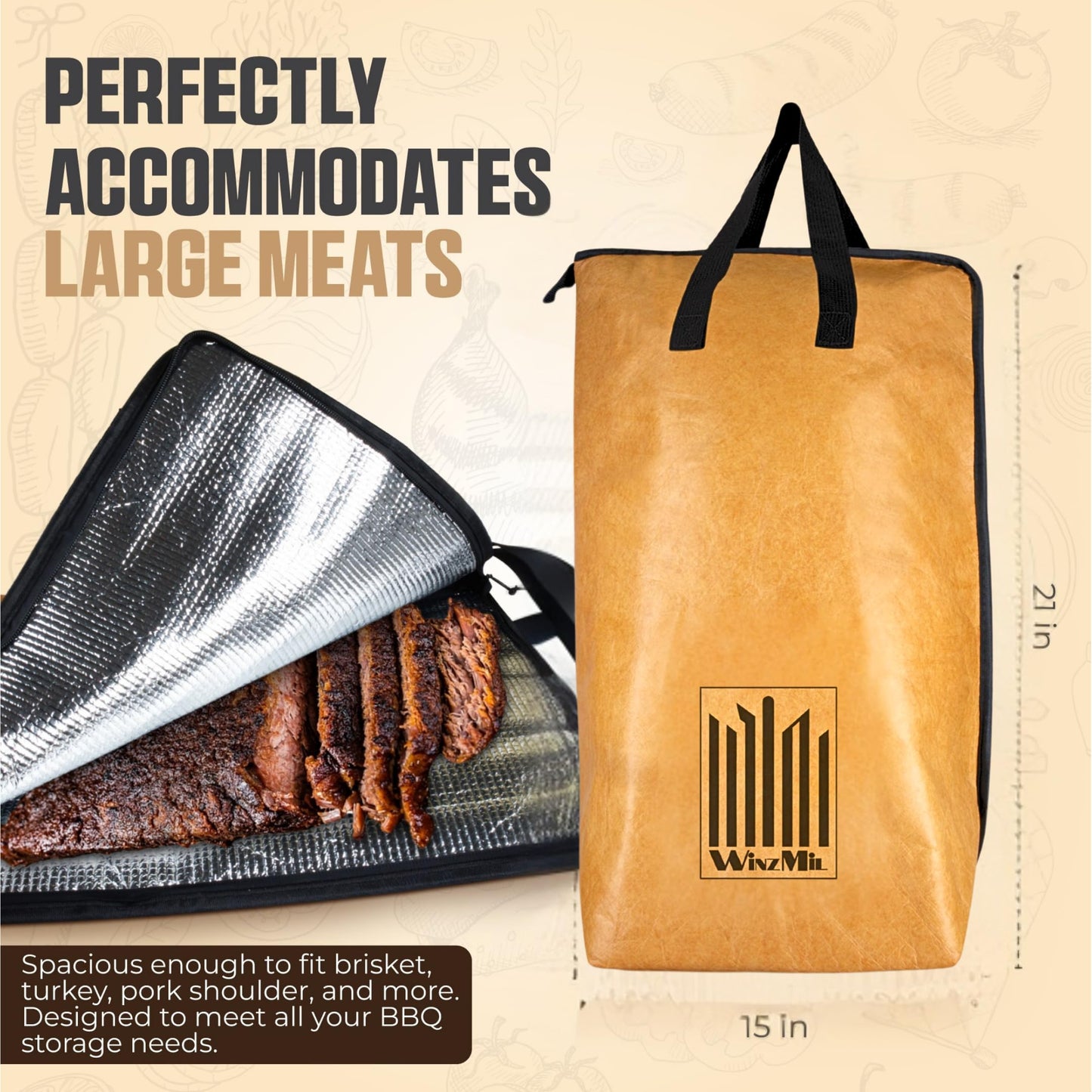 WinzMil BBQ Blanket for Resting Meat – Insulated Reusable Smoker Bag with Wide Mouth, Foldable Design & Handles Heavy-Duty – Perfect for Brisket, Pork, Turkey, Beef, Steak, Picnics & Camping (21in)