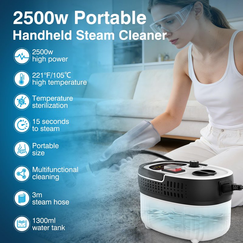Steam Cleaner for Home & Car Detailing, 2500W High Pressure Portable Steamer with 6-Level Adjustable Steam, 15s Heat-Up, 9.8ft Long Hose, ANSI Z87.1 Goggles, 17-Pcs Kit for Tile, Grout, Hardwood