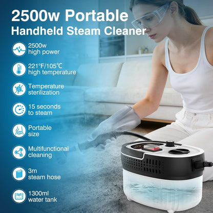Steam Cleaner for Home & Car Detailing, 2500W High Pressure Portable Steamer with 6-Level Adjustable Steam, 15s Heat-Up, 9.8ft Long Hose, ANSI Z87.1 Goggles, 17-Pcs Kit for Tile, Grout, Hardwood