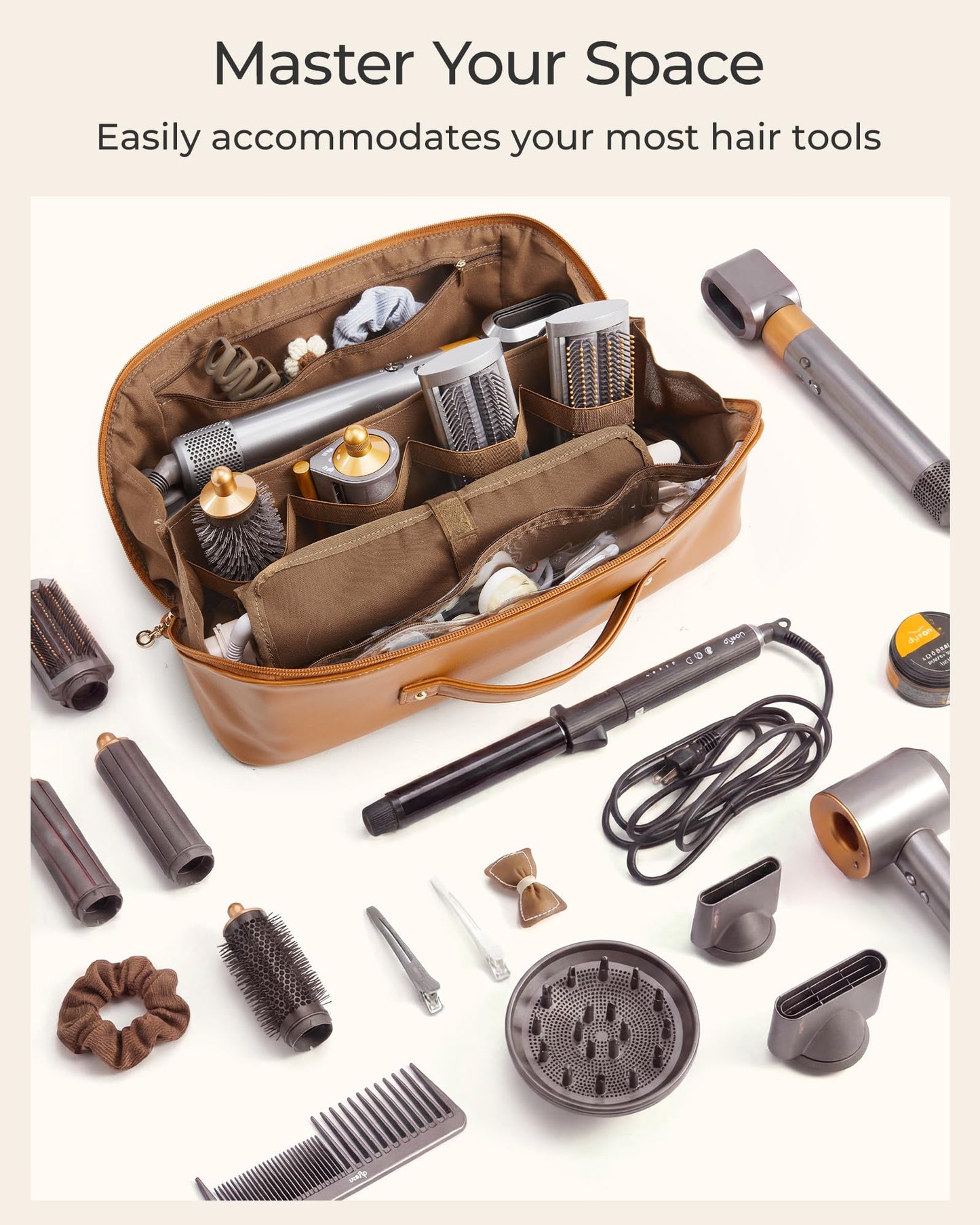 BAGSMART Hair Tool Organizer Travel Bag Compatible with Dyson Airwrap, Shark Hair Dryer, Wide-open Accessories Organizer with Heat Resistant Mat, Makeup Bag for Dyson Attachments, Curling Iron,Leather