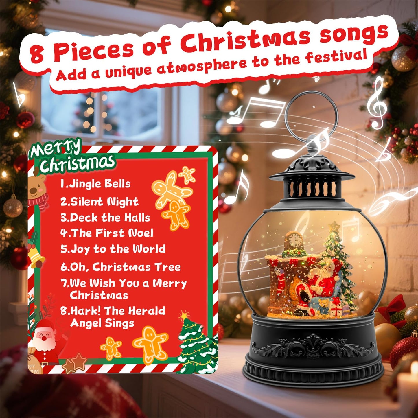 Christmas Snow Globe, Christmas Decorations Indoor, Glittering Santa Snow Scene with Music and 6H Timer, USB Lined/Battery Operated, Christmas Lantern for Holiday Decorations, Tabletop Decor for Home