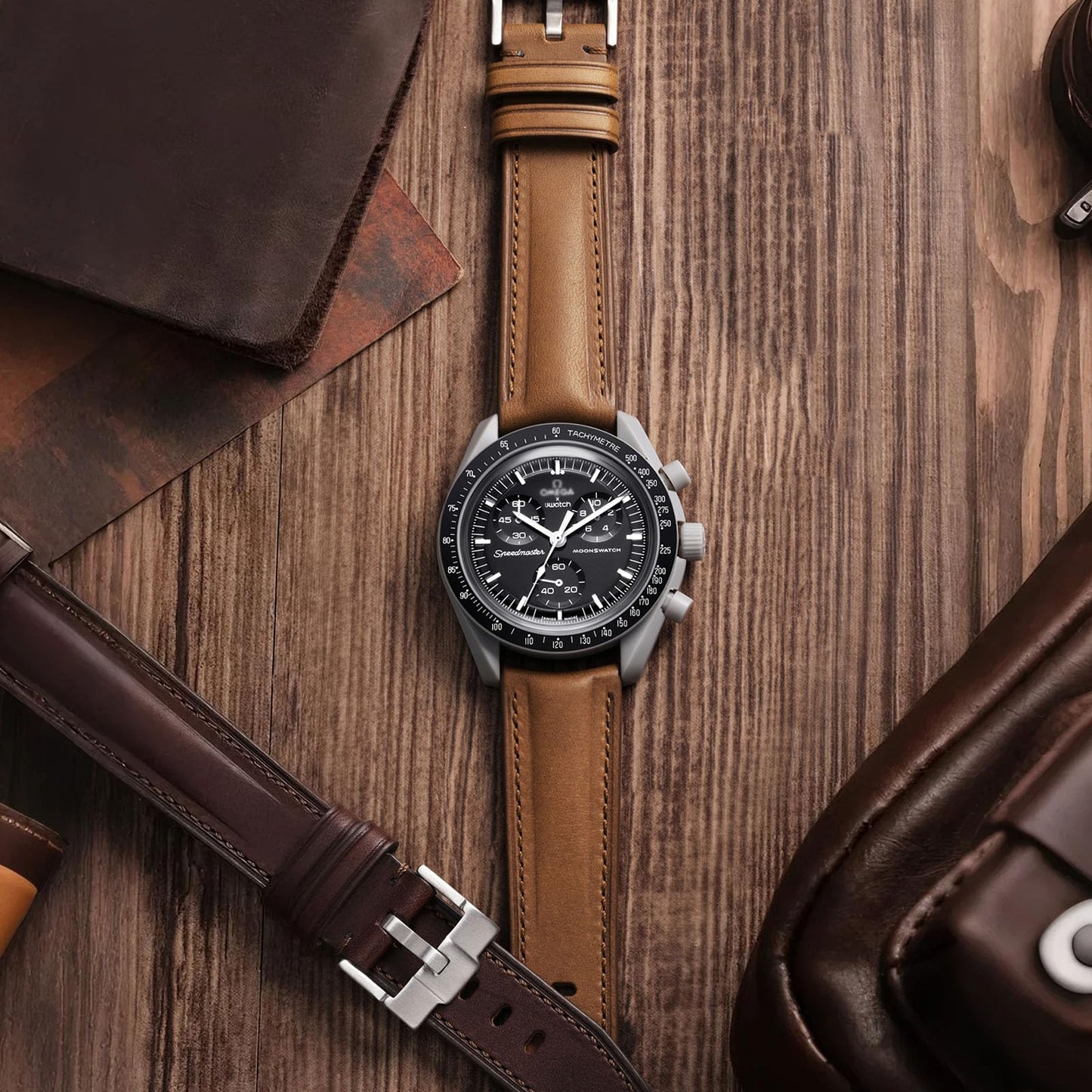 Getalia Italian Full grain vegetable tanned leather watch Bands Curved Strap,Compatible with Omega X Swatch Moonswatch Speedmaster/Rolex/SEIKO/Swatch Watch straps Men Women (Black-width：20mm)