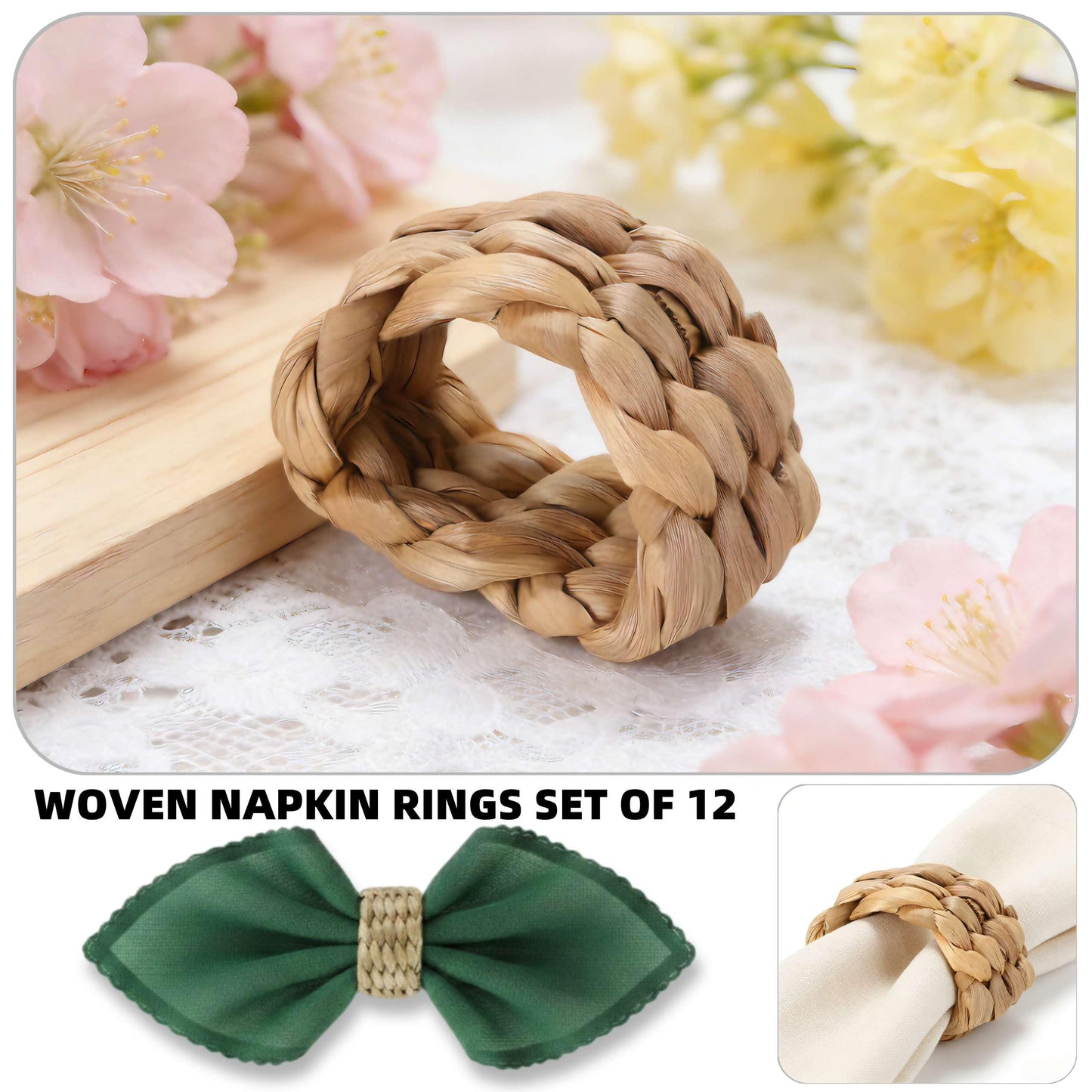 24 Pcs Napkin Rings Rattan for Thin Napkins, Handwoven Semicircle Wicker Napkin Holders for Boho Farmhouse Table Decor, for Thanksgiving, Weddings, Easter and Coastal Summer Parties