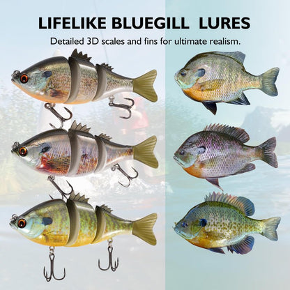 FONMANG 3-Pieces Swimbait Fishing Lures, 4.3in Lifelike Bluegill Multi-Jointed Slow Sinking Swim Bait, Fishing Lure for Large-Sized Bass, Walleye and Pike Fish in Freshwater and Saltwater-3Color