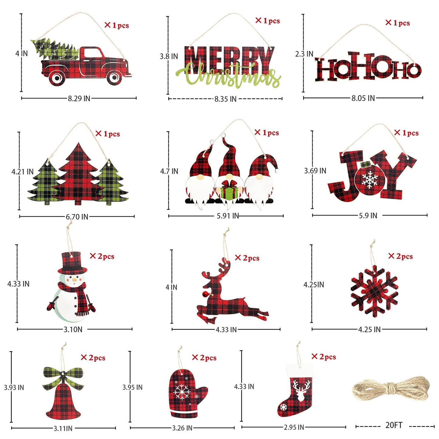 Clearance 18Pcs Christmas Tree Ornaments Buffalo Plaid Merry Christmas Ho Ho Ho Joy Sign Wooden Xmas Red Truck Gnomes Snowflake Snowman Reindeer Bell Sock Glove for Holiday Party Decorations Supplies