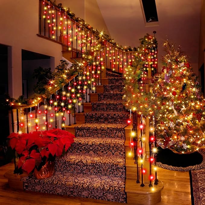 33FT Christmas Lights Outdoor, 400 LED Outdoor String Lights Waterproof Plug in with 8 Modes & Timer, Christmas String Lights for Tree Party, Garden, Holiday Decorations（Red+Warm White）