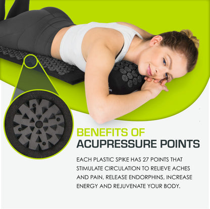 ProsourceFit Acupressure Mat and Pillow Set for Back/Neck Pain Relief and Muscle Relaxation, Large - Black/Black